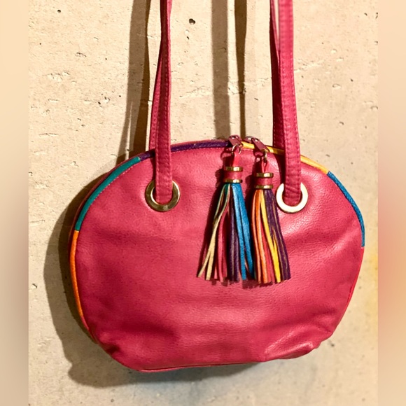 80s Pink Leather Shoulder Bag Handbag Retro with tassels on zipper - Picture 3 of 14